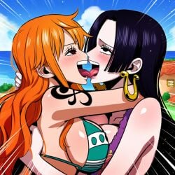 2girls ai_generated blushing boa_hancock female female_only french_kiss nami one_piece pleasure_face post-timeskip powerhouserift tongue_kiss yuri