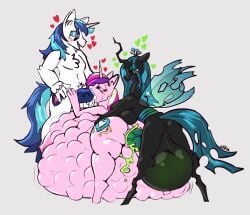 anthro anus arthropod ass balls black_body black_skin blue_hair breasts changeling crown cum cum_in_mouth cum_in_pussy cutie_mark equid equine friendship_is_magic genitals gigantic_breasts hasbro horn hyper_balls inflation mammal my_little_pony nipples oral_sex pink_body pink_fur pink_hair pregnant princess_cadance_(mlp) purple_hair queen_chrysalis_(mlp) shining_armor_(mlp) sofia_drawsmore threesome unicorn western white_body white_fur wings