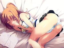 aoba_satsuki ass bare_shoulders blush character_request closed_eyes covering_mouth endure_to_moan female fingering hand_in_panties hand_over_own_mouth masturbation on_side panties ponytail renge_(eroge) sheet skirt source_request tied_hair underwear white_panties