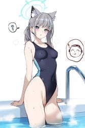 animal_ear_fluff animal_ears ateoyh blue_archive blue_eyes breasts competition_swimsuit covered_navel covered_nipples extra_ears female grey_hair hair_ornament halo highres official_alternate_costume one-piece_swimsuit pussy shiroko_(blue_archive) shiroko_(swimsuit)_(blue_archive) small_breasts swimsuit swimsuit_aside thighs uncensored wet wolf_ears