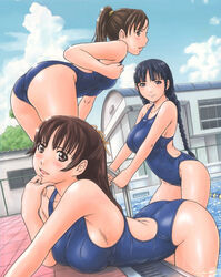 3girls ass bent_over black_hair blush breasts brown_eyes brown_hair competition_swimsuit grey_eyes kisaragi_gunma kurata_nao large_breasts love_selection multiple_girls nemoto_yui one-piece_swimsuit ponytail pool short_twintails swimsuit tied_hair twintails uehara_ami water