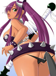 ass blush breasts chains cleavage dark_skin gaen horns panties purple_hair pussy ryofuko-chan underwear weapon wings