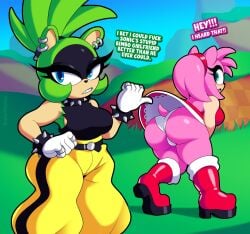 1futa 1girls amy_rose anthro ass big_ass big_butt blue_eyes clothed clothing eroticphobia exposed_panties eyelashes female futa_on_female futanari green_body green_eyes green_hair hedgehog hedgehog_humanoid imminent_sex mobian_(species) pants pink_hair sega sharp_teeth sonic_(series) sonic_the_hedgehog_(idw) sonic_the_hedgehog_(series) spiked_collar surge_the_tenrec tenrec tenrec_humanoid thick_ass thick_butt upskirt