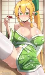 1girls blonde_hair blush bow braid breasts choko_(cup) cleavage collarbone cup curvy elf fairy_(sao) green_eyes green_kimono hair_between_eyes highres indoors japanese_clothes kimono kirigaya_suguha large_breasts leafa long_hair looking_at_viewer mizmillificent no_panties off_shoulder patreon_username pointy_ears ponytail pussy_juice smile steam sweat sword_art_online tatami thighhighs thighs twin_braids twitter_username wet white_thighhighs