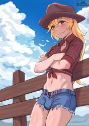 1boy 2024 absurd_res belly_button blonde_hair blush bulge commission cowboy_hat cowboy_outfit crop_top crossed_arms daisy_dukes femboy flannel flannel_shirt girly jackrockhardt jean_shorts leaning_on_rail long_hair looking_at_viewer male male_only minishorts sleeves_rolled_up smiling smiling_at_viewer smirk solo unbuttoned_pants