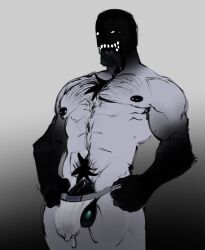 1boy chest_hair demon grey_background hairy hairy_chest hairy_male happy_trail hi_res jockstrap looking_at_viewer male male_focus male_only monster muscular muscular_male pancakesballz pubes pubic_hair shiny_balls shiny_nipples shiny_penis solo solo_focus solo_male spooks_(pancakesballz) standing teeth teeth_showing tongue tongue_out underwear