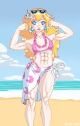 1girls abs beach bikini blonde_hair blue_earrings blue_eyes breasts earrings female female_only flower_in_hair mario_(series) muscular muscular_female nintendo outdoors pink_bikini princess_peach princess_peach_(swimwear) sky solo standing sunglasses sunglasses_on_head super_mario_odyssey swimsuit swimwear