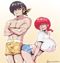 1boy 1girls alternate_breast_size annoyed annoyed_expression bare_midriff booty_shorts erection erection_under_clothes female huge_breasts human male nipples_bulge nipples_covered ranma-chan ranma_1/2 ranma_saotome rubbing_against rubbng_ass ryoga_hibiki shirtless_male shorts teasing tshirt yashiro_a._marino