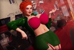 1girls 3d beauty_mark big_breasts bra cigarette erect_nipples female female_only freckles grand_theft_auto grand_theft_auto_iii green_eyes green_skirt handgun happy jacket midriff misty_(gta) nail_polish nipples_visible_through_clothing orange_hair rasmus-the-owl redhead skirt smile smiling solo solo_female street thick_thighs wide_hips