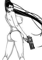 1girls ass bayonetta bayonetta_(character) beauty_mark breasts gun handgun high_resolution kazuki_kotobuki large_breasts monochrome no_bra panties sega thong topless voluptuous weapon witch