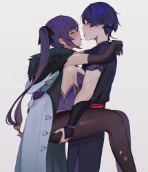 1boy 1girls blue_hair blush clothed dressed female genshin_impact half-closed_eyes hand_on_butt looking_at_another male male_with_painted_nails memeh mona_(genshin_impact) purple_hair saliva_trail scaramouche_(genshin_impact) standing