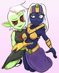 2girls alien alien_girl alien_humanoid armbands black_body clothed crossover crown disney duck_dodgers facial_mark female female_only golden_bikini_top green_body humanoid jewelry looney_tunes lord_dominator martian martian_(duck_dodgers) no_visible_genitalia purple_eyes purple_skirt queen_tyr'ahnee reathroch red_eyes slit_skirt wander_over_yonder warner_brothers white_hair