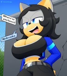 1girls anthro big_breasts black_hair blue_eyes breasts cleavage english english_text furry huge_breasts large_breasts makia_(slickehedge) short_hair slickehedge solo solo_female solo_focus sonic_(series) sonic_fan_characters sonic_the_hedgehog_(series) text