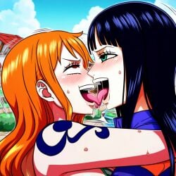 2girls ai_generated blushing female female_only french_kiss nami nico_robin one_piece pleasure_face post-timeskip powerhouserift pre-timeskip time_paradox tongue_kiss yuri