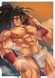 1boy 2023 bara barazoku big_bulge blush bulge erection_under_clothes fundoshi haohmaru hi_res highres japanese_clothing looking_at_viewer male male_nipples male_only mofnyan muscular_male nipples penis_outline samurai_shodown underwear