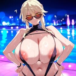 ai_generated areola_slip areolae artoria_pendragon_(all) artoria_pendragon_(lancer_alter) bangs black_swimsuit blonde_hair bracelet braid breasts depressu fate/grand_order fate_(series) female hand_on_hip huge_breasts jewelry looking_at_viewer looking_over_eyewear looking_over_glasses looking_over_sunglasses navel necklace red-tinted_eyewear sidelocks sky slingshot_swimsuit sunglasses sweat swimsuit tinted_eyewear yellow_eyes