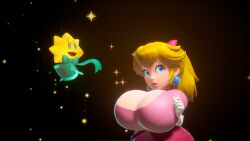 2girls 3d big_breasts boob_window breasts casual casual_nudity clothed curvy duo dytser female female_only game_mod giant_breasts huge_breasts large_breasts light-skinned_female light_skin mario_(series) mega_busty mod nintendo no_bra princess_peach princess_peach:_showtime! public public_nudity stella_(princess_peach:_showtime!) teasing video_game