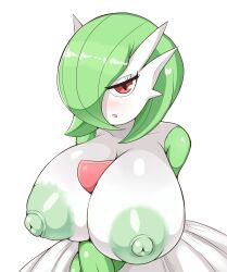 1girls areolae big_breasts breasts gardevoir green_hair green_nipples hair_over_one_eye huge_breasts mature_female nipples open_mouth pokemon pokemon_(species) solo solo_female white_background white_skin yumeeeecat