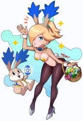 1girls bending_forward blonde_female blonde_hair blonde_hair_female blue_eyes breasts breasts_covered bunny_ears bunnysuit earrings easter easter_egg egg fishnets high_heels looking_at_viewer mario_(series) nintendo open_mouth pasties princess princess_rosalina reverse_bunnysuit sarukaiwolf star_bunny star_bunny_(cosplay) super_mario_galaxy