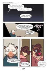 abstract_background absurd_res american_opossum anthro canid canine cheriol_casserole_(thekbear) comet_stars comic dialogue_box hi_res male mammal marsupial page_37 page_number raccoon_dog slightly_chubby slightly_chubby_anthro slightly_chubby_male speech_bubble tanuki thekinkybear virginia_opossum