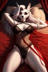 1girls ai_generated anthro bed black_underwear cameltoe canine female female_only furry hellhound helluva_boss looking_at_viewer loona_(helluva_boss) panties pussy rataddict red_eyes smile thick_thighs white_fur