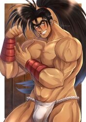 1boy 2022 bara barazoku big_bulge blush bulge fundoshi haohmaru hi_res highres japanese_clothing male male_nipples male_only mofnyan muscular_male nipples penis_outline samurai_shodown underwear