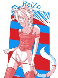 1boy anthro anthro_only crossdressing feline fur furry girly male male_only mingchee panties penis pinup reizo_(character) seductive solo stockings testicles text thong top underwear