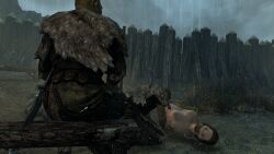 1girls 2boys 2d 3d bondage bound bound_ankles bound_wrists cloth_gag clothed_male_nude_female completely_nude completely_nude_female gag gagged hogtie m7seven nord nude nude_female skyrim the_elder_scrolls ysolda