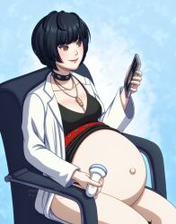 1girls adricarra atlus blue_hair blush cleavage huge_belly medium_breasts misscherrylle necklace older_female persona persona_5 pregnant ready_to_pop sega sitting smile swollen_belly tae_takemi ultrasound