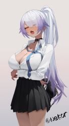 1girls ahoge arm_under_breasts blush bra breasts brown_eyes cleavage collar dark-skinned_female dark_skin duel_monster female grey_hair hair_over_one_eye large_breasts long_hair looking_at_viewer loose_necktie male necktie open_mouth partially_unbuttoned ponytail purple_hair qijiu_shi_yu removed_bra school_uniform simple_background skirt sky_striker_ace_-_azalea two_tone_hair yu-gi-oh!