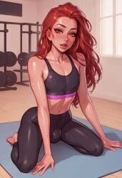 ai_generated bulge bulge_through_clothing femboy gym hazel_eyes male male_focus male_only noredeemingvalue red_hair sports_bra sweat workout workout_clothes