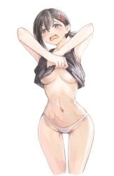 1girls absurdres arms_up back black_hair blush breasts brown_eyes chainsaw_man cropped_legs female hair_ornament hairclip higashiyama_kobeni highres mole mole_under_eye navel nui_gurumi open_mouth panties shirt_lift short_ponytail solo swept_bangs tank_top tears underboob underwear white_background white_panties