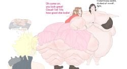 1boy 2girls aerith_gainsborough ass black_hair blonde_hair bra breasts brown_hair cloud_strife dialogue fat_rolls female final_fantasy final_fantasy_vii gabbadraws huge_ass huge_breasts huge_thighs male meme morbidly_obese morbidly_obese_female nipple_bulge obese ssbbw text thighs thought_bubble tifa_lockhart ussbbw zamn!