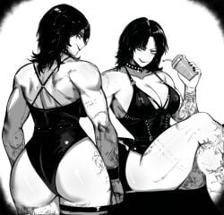 abs biceps big_butt black_hair black_lipstick chocker dommy_mommy female goth large_ass looking_at_viewer masoq095 muscular_female rhea_ripley tattoos thick_thighs wwe