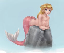 1girls areola ass bent_over blonde_hair blue_eyes breasts cleavage female female_only fish_girl fish_tail jpeg long_hair mario_(series) mermaid mermaid_ass mermaid_girl mermaid_tail monster_girl nintendo nipples no_bra nude okiara photoshop pink_tail princess princess_peach rock solo tail tail_fin topless voluptuous