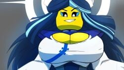 big_breasts boob_window casual casual_nudity clothed dakkii female female_only lady_bone_demon lego lego_monkie_kid monkie_kid no_bra teasing