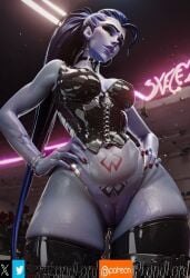 1girls ai_generated amelie_lacroix ass big_ass big_breasts breasts dark-skinned_male dripping female goth goth_girl overwatch overwatch_2 pornlandlord thighhighs wet wet_body widowmaker