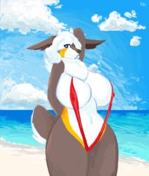 1girls big_breasts deer female female_only fully_clothed furry nic-m-lyc nipple_bulge no_humans pokemon pokemon_(species) sally_(nic-m-lyc) sawsbuck solo suggestive swimsuit winter_sawsbuck