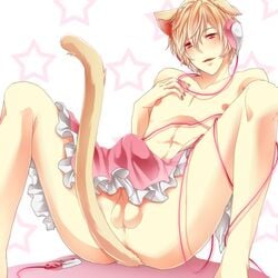 1boy animal_ears apron blonde_hair bulge cat_ears catboy durarara!! erection heiwajima_shizuo male male_only penis pink red_eyes sitting solo tail testicles uncensored