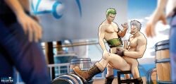 3d ass ass_grab bara cigar daemoncollection erectioin gay green_hair grin male male_only one_piece penis roronoa_zoro smoker_(one_piece) straddling walk-in