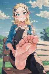 1girls acl_noraai ai_generated artist_name barefoot blonde_hair breath_of_the_wild facing_viewer feet female from_below green_eyes grin hair_ornament happy head_tilt looking_at_viewer nintendo outdoors pov_feet princess_zelda self_upload smell smile soles solo steam sweat the_legend_of_zelda watermark zelda_(breath_of_the_wild)