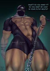 1boy abs aguzcm alternate_costume bara bare_pectorals bulge chain_leash chains dark-skinned_male dark_skin english_text flaccid forehead_protector foreshortening from_below kakuzu large_pectorals latex leash looking_at_viewer male male_focus male_only male_pubic_hair mask mouth_mask muscular muscular_male naruto naruto_(series) naruto_shippuden navel navel_hair nipples paid_reward_available pectorals penis penis_peek pov pubic_hair short_hair solo solo_male standing stitches stomach thick_thighs thighs viewer_on_leash