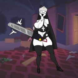 1girls big_breasts breasts chainsaw female female_only footwear friday_night_funkin friday_night_funkin_mod full_body gallo_wazavi heels holding holding_chainsaw lingerie nun open_mouth open_smile smile solo solo_female taki_(fevertown) thighhighs