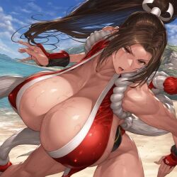 ai_generated athletic_female bare_legs bigger_female breasts_bigger_than_head brown_eyes brunette_hair fatal_fury gigantic_breasts huge_breasts king_of_fighters kunoichi large_breasts mai_shiranui massive_breasts plusmolfa ponytail snk squatting thick_female thick_thighs thighs