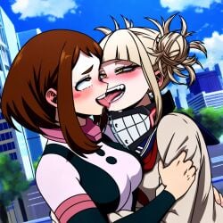 2girls ai_generated blushing french_kiss himiko_toga kissing my_hero_academia ochako_uraraka pleasure_face powerhouserift tongue_kiss yuri