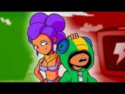 background bandana big_breasts bikini box brawl_stars breasts clouds d3rmal hands hood hoodie jacket leon_(brawl_stars) purple_bikini purple_hair scared shelly_(brawl_stars)