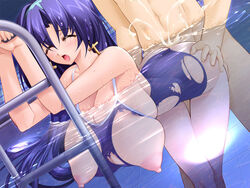 ass_grab bent_over blush breasts closed_eyes cross cum earrings from_behind game_cg gigantic_breasts gunner-l hanging_breasts huge_breasts jewelry ladder long_hair nipples open_mouth pool purple_hair red_eyes sawara_miho sex swimsuit torn_clothes tsuri_baka