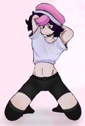 1femboy 2d_(artwork) arms_behind_head arms_up belly_button black_and_pink_hair black_eyes black_legwear black_shorts black_socks blush blushing_at_viewer colored_sketch cropped_shirt embarrassed femboy hat legs_apart looking_at_viewer luciinsfw male multicolored_hair no_shoes on_knees original_character pink_headwear shorts socks solo thighhighs white_shirt