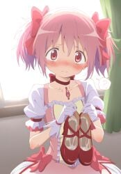 ai_generated cum cum_in_shoe cute hair_ribbon high_heels highres madoka_kaname magical_girl magical_girl_outfit mahou_shoujo_madoka_magica pink_eyes pink_hair puella_magi_madoka_magica red_ribbon ribbon ribbons twintails uncomfortable