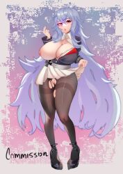 1girls absurdres azur_lane breasts female graf_zeppelin_(azur_lane) hair_between_eyes highres iron_cross large_breasts long_hair miniskirt nipples no_panties one_breast_out open_clothes open_mouth open_shirt pantyhose pink_eyes pussy red_eyes silver_hair skirt skirt_lift solo standing task-late torn_clothes torn_pantyhose very_long_hair